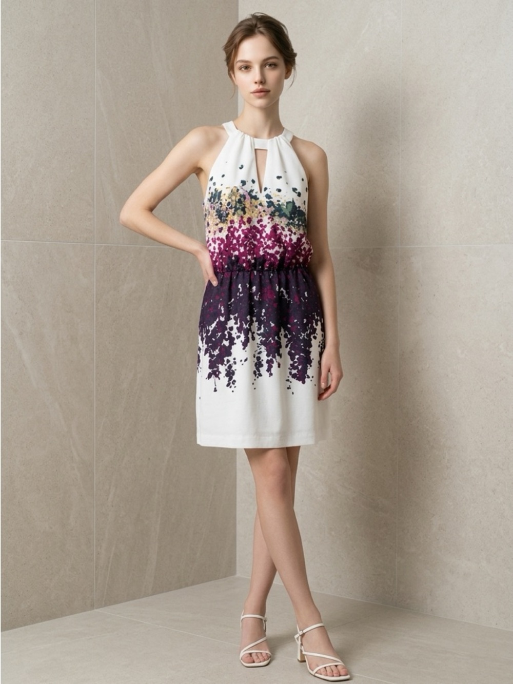 Kenneth Cole White Halter Dress with Purple Floral Ombre